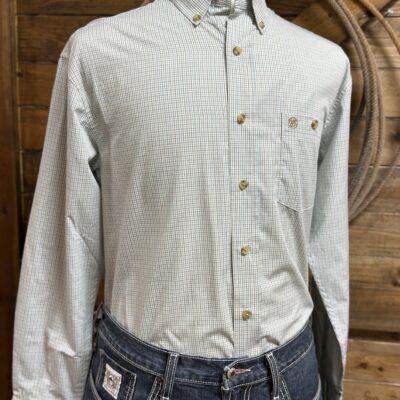 Mens Wrangler L/S Button Down-Tan/Turquoise Plaid