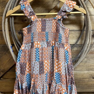 Girls Rock&Roll Patchwork Print Dress-Rust/Turquoise