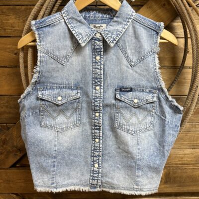 Womens Wrangler Retro Denim Pearl Snap Vest-Light Wash
