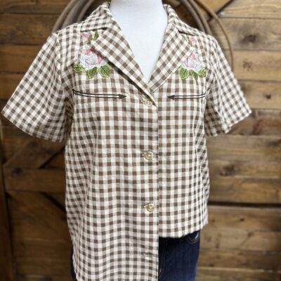 Womens Rodeo Quincy Gingham Blouse-Tan/White