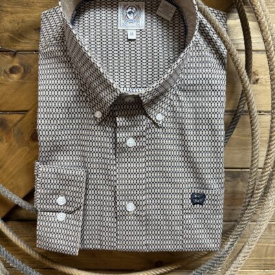 Mens Cinch Classic L/S Button Down-Khaki Diamond Print