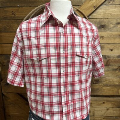 Mens Wrangler S/S Pearl Snap Shirt- Red/White Plaid