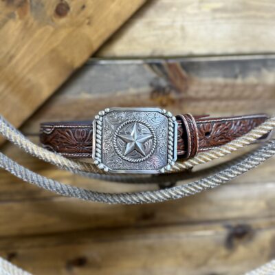 Kids Silver Star Buckle and Tooled Leather Cowhide Belt