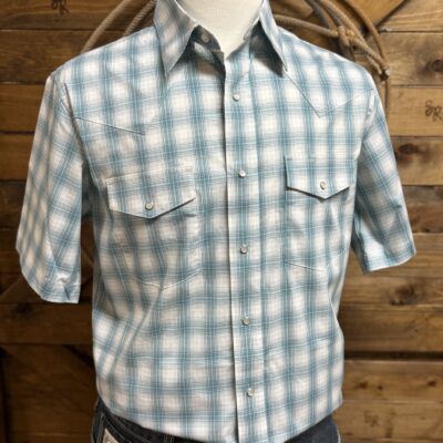 Mens Wrangler S/S Pearl Snap-Turquoise Plaid