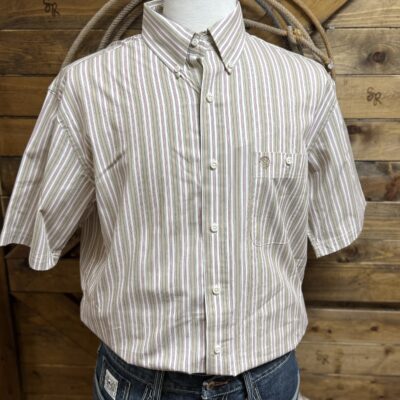 Mens Wrangler George Strait S/S Button Down-Tan/Red Stripe