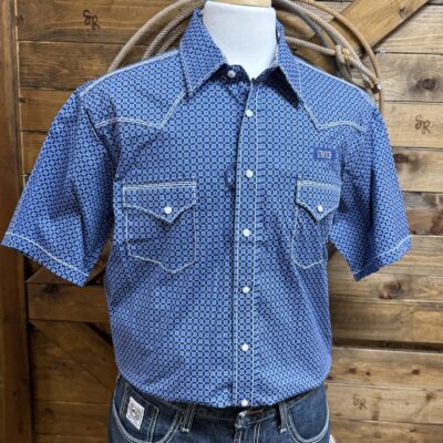 Mens Panhandle Slim Fancy Stitch Pearl Snap-Blue Print