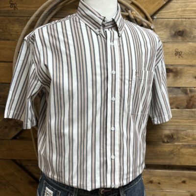 Mens Panhandle Slim S/S Button Down-Tan/Black Wide Stripe
