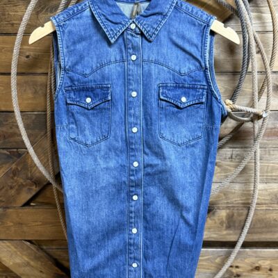 Womens Stetson Denim Pearl Snap Sleeveless Blouse