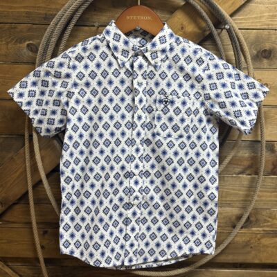 Boys Ariat S/S Baxter Button Down Shirt-Blue/White Aztec