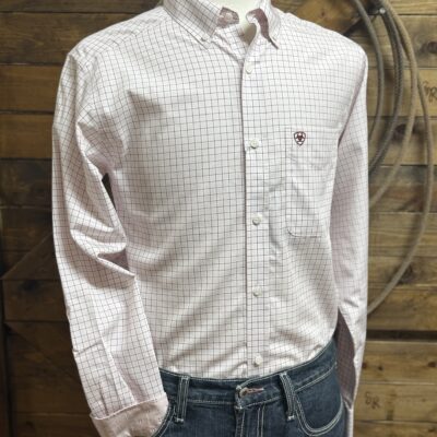 Mens Ariat Wrinkle Free Fitted L/S Button Down-Pink Plaid