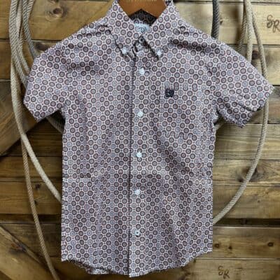 Boys Cinch S/S Classic Button Down-White/Red Print