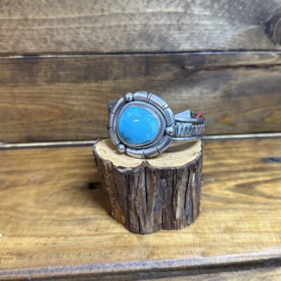 Heavy Cut Silver Flat Band w/Turquoise Mountain Turquoise Stone