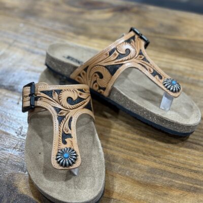 Challenger T Bar Tooled Leather Sandal W/Concho