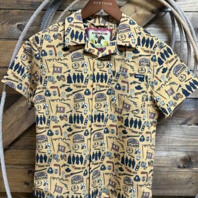 Boys Cinch Wild West Camp S/S Button Down-Brown Western