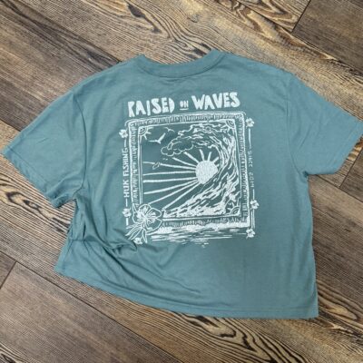 Womens Huk Raised On Waves Crop Tee-North Atlantic Green