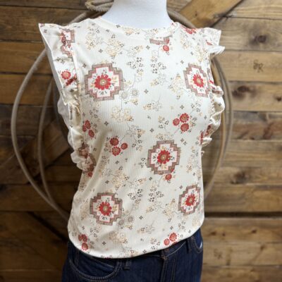 Womens Cruel Denim Floral Tank-Cream/Red