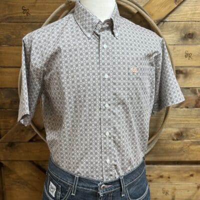 Mens Cinch Classic S/S Button Down-White/Peach Geo Print