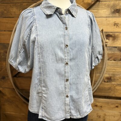 Womens Ee:some Balloon Sleeve Button Down Blouse-Chambray
