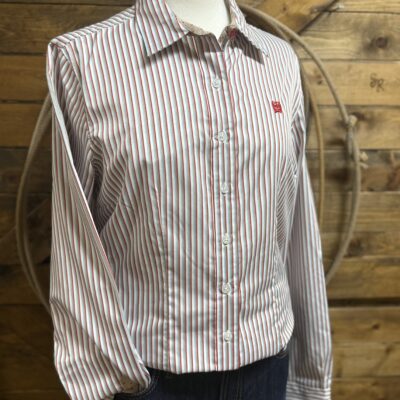 Womens Cinch L/S Tencel Button Down-White/Red Stripe