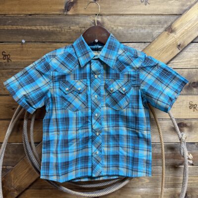 Boys Wrangler Retro S/S Pearl Snap-Teal Plaid