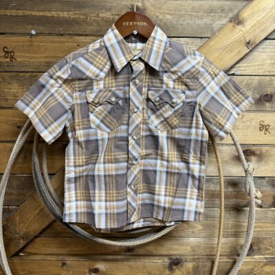 Boys Wrangler Retro S/S Pearl Snap-Brown Plaid