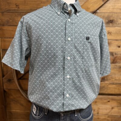 Mens Cinch Classic S/S Button Down-Green Square Print