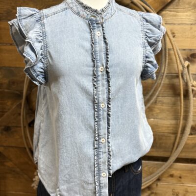 Womens Ee:some Ruffled Sleeve Button Down Tank-Denim