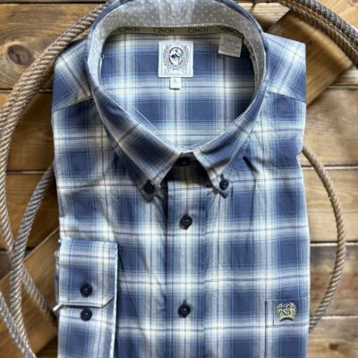 Mens Cinch Classic L/S Button Down-Navy/Olive Plaid