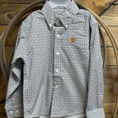 Boys Cinch Classic L/S Button Down Shirt-White/Orange Print