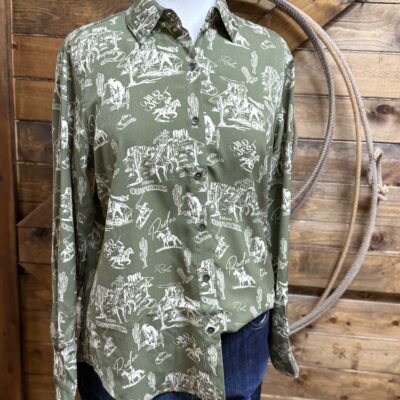 Womens Ariat L/S Homestyle Blouse-Moss Green Western