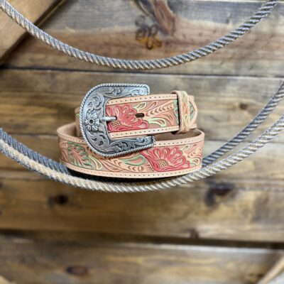 Womens Mustang Ridge Floral Tooled Belt-Green/Red