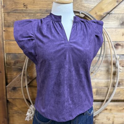 Womens Ee:Some Sueded Flutter Sleeve Top-Plum