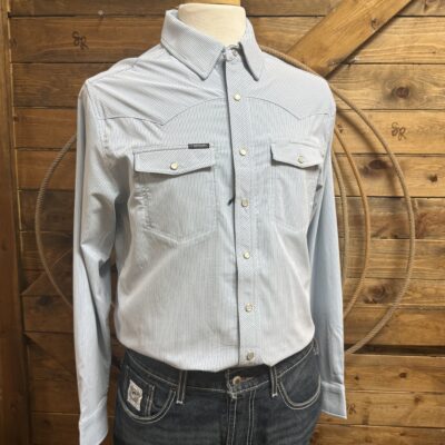 Mens Rock&Roll Tek Core L/S Pearl Snap-Blue Micro Stripe