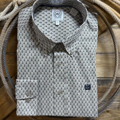 Mens Cinch Classic L/S Button Down-Khaki Print