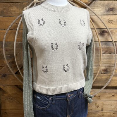 Womens Panhandle Slim Sweater Vest-Brown Horseshoes