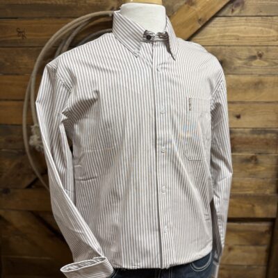 Mens Cinch Modern Fit L/S Button Down-White/Brown Stripe