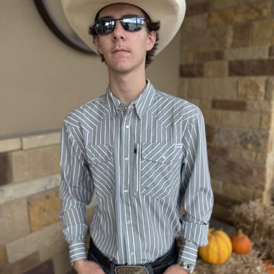 Saddle Rags L/S Performance Pearl Snap-Perforated Olive/Navy Stripe