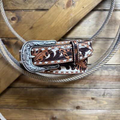 Womens Nocona Floral Tooled Buckstitch Belt-Copper/Brown