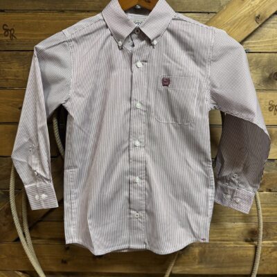 Boys Cinch Classic L/S Button Down-White/Maroon Stripe