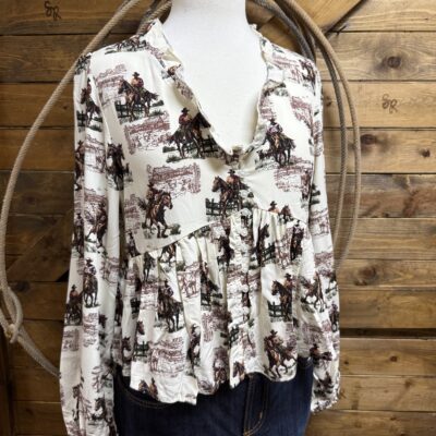 Womens Wrangler L/S Babydoll Blouse-White Western Print